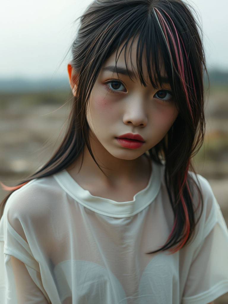 A beautiful homeless mysterious surreal Asian young girl in a very old, transparent white T-shirt, see-through, with black and rainbow-colored hair and red eyes, she is looking sad without hope in her eyes, crying one teardrop, heartbreaking.