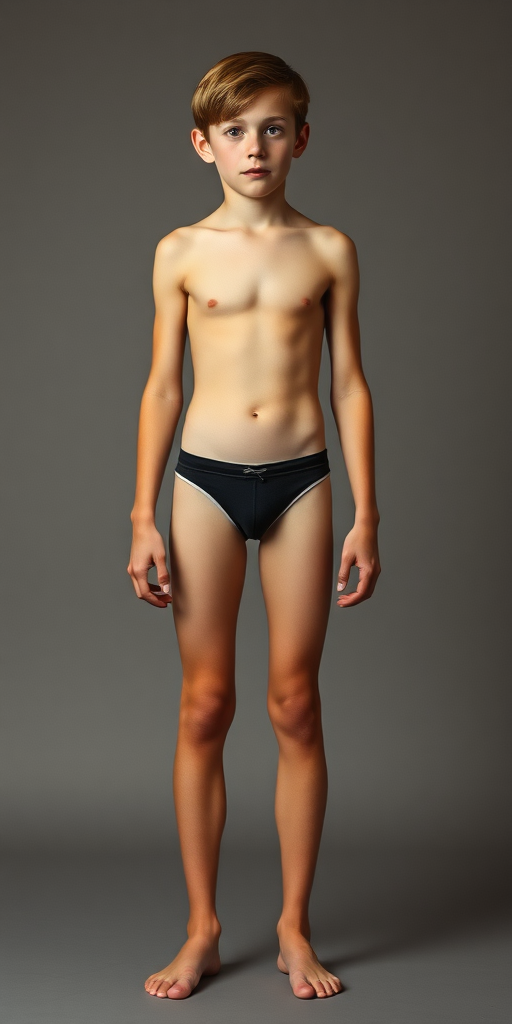 A tall skinny 14yo teen boy, long hairs bow cut, wearing little speedo, long legs, narrow thighs. full-length view. 1970s. photorealistic, ultra high resolution, 16K, Negative: grainy, blurry, bad anatomy, extra limbs, watermark.