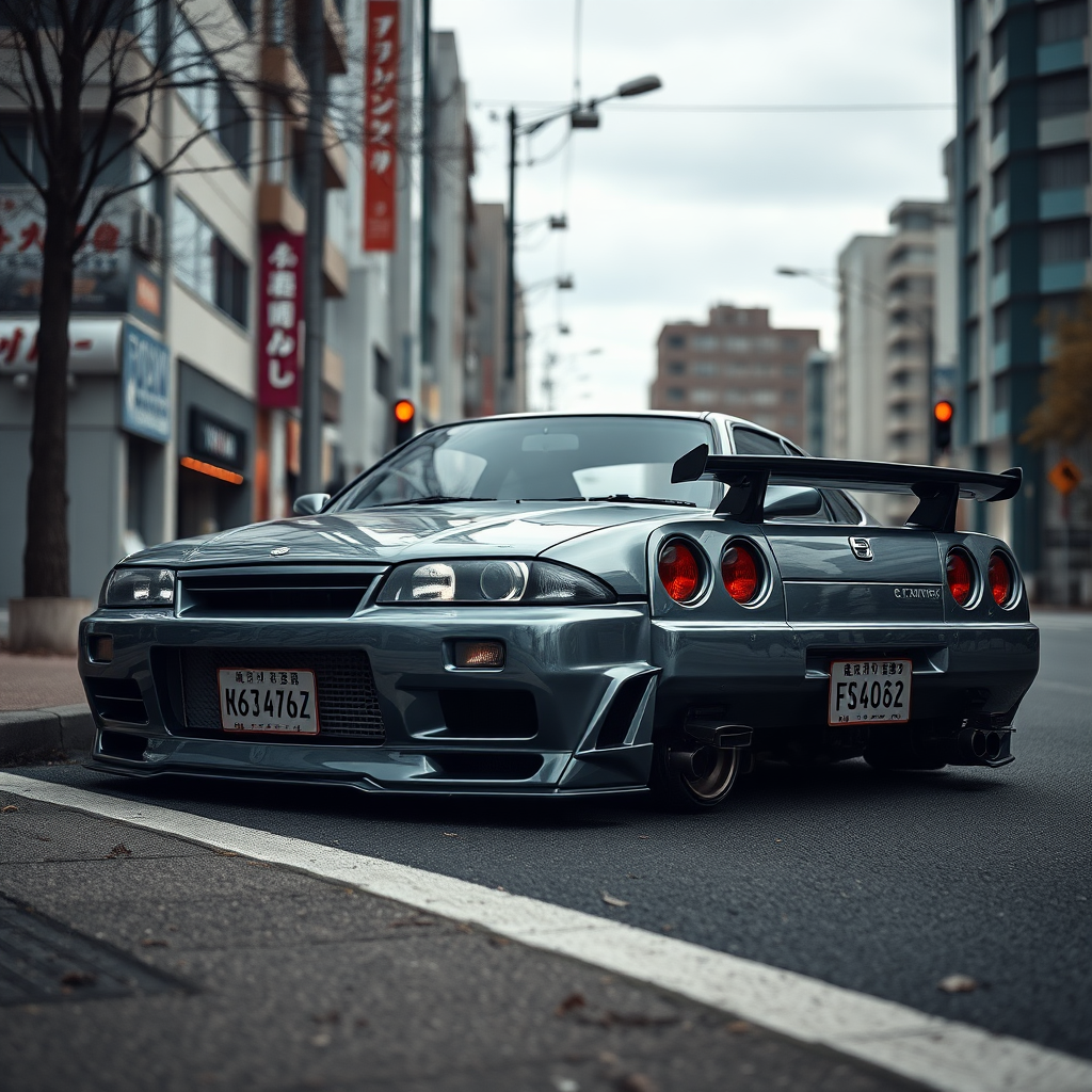 The car is parked on the side of the road, inspired by Taiyō Matsumoto, tumblr, restomod, nd4, c4 metallic shine gray black nissan skyline r34 tokyo arkaplan hatasız tam eksiksiz ayrıntılı genel gerçek detaylar en iyi fotoğraf poz sinematik hafif yağış su damlalar yansıma ıslak yol need for speed tarzı body kit