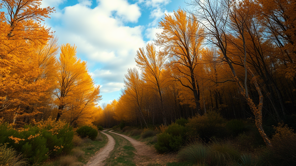 Autumn forest with Mediterranean vegetation with a path, sky with clouds in high definition