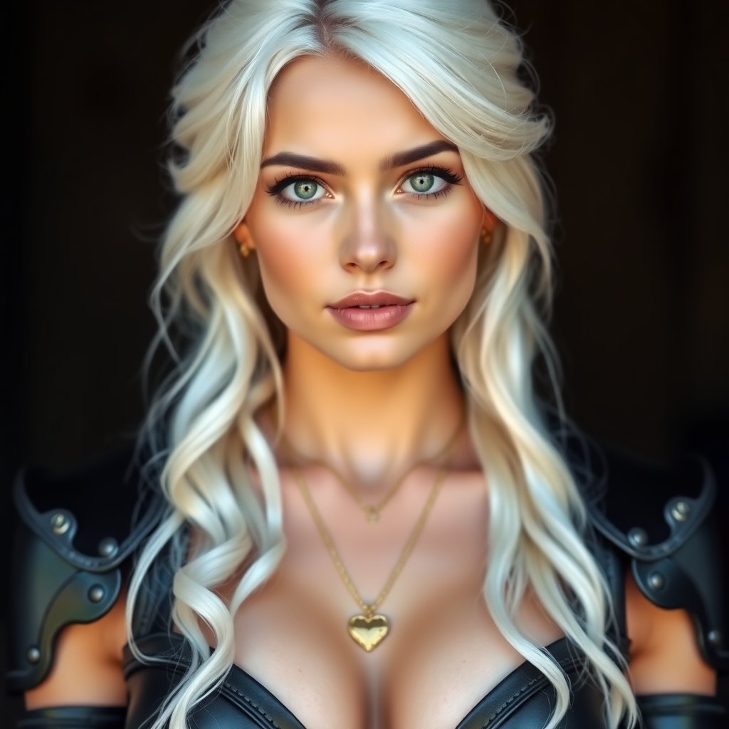 Portrait of a beautiful young woman with long wavy platinum blonde hair, green eyes, a suntan, light brown eyebrows, and large breasts. She is wearing black leather armor and a gold necklace with a small heart pendant.