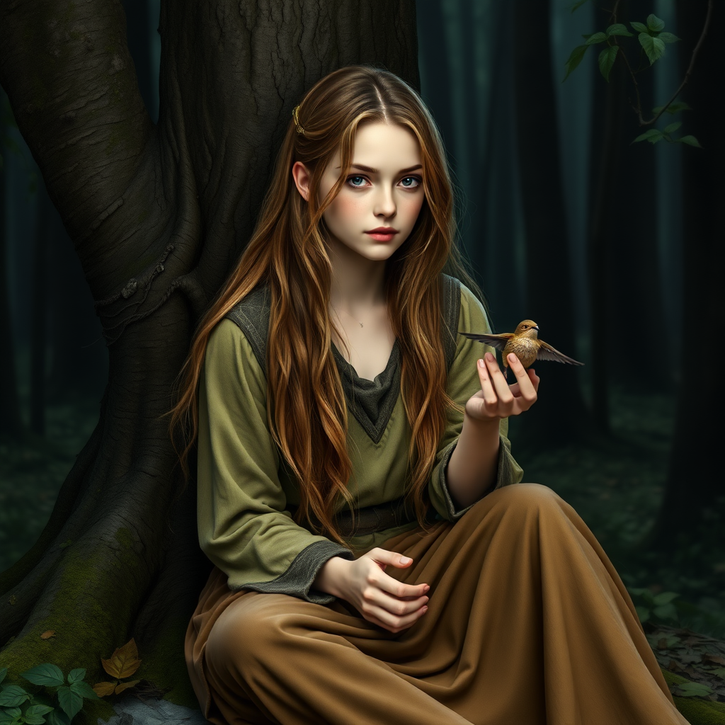 In a fantasy world. A young human druid about 18 years old sitting at the foot of a tree, her hair is light brown and falls down her back. The young woman resembles Luna Lovegood, the character from Harry Potter. She holds a small bird in the palm of her hand. The background is a rather dark forest, photorealistic, high definition.