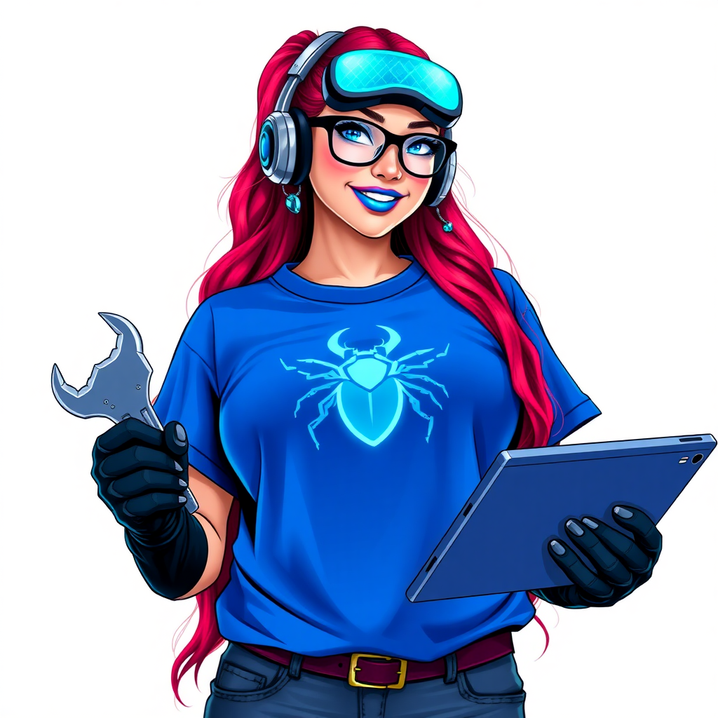 An intelligent and tech-savvy 29-year-old computer hacker and tech genius. She has a long ruby red ponytail. She wears maximum blue lipstick, blue eyes, a sapphire beetle gemstone necklace, sapphire earrings, black eyeglasses, hi-tech power gloves, and an oversized maximum blue t-shirt featuring a neon blue glowing beetle chest icon. She has a gargantuan full-figured physique with a round gargantuan midsection, reflecting her well-cared-for lifestyle. She sports a sapphire headset with a hi-tech maximum turquoise lensed HUD, and a beaming smile accentuated by a passionate neon red blush. She serves as his tech expert from his hideout, holding a futuristic tool wrench and a futuristic digital tablet. The background is solid white. She is drawn as if she was in a retro 2D cyberpunk fighting game.