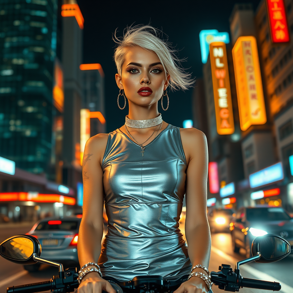 A fashion editorial close-up shot of a young woman with a short, sleek, platinum blonde haircut, standing in the middle of a futuristic metropolis at night. She wears a metallic silver dress paired with holographic accessories, reflecting the glowing neon lights of the city. The background features towering skyscrapers with futuristic signage, while flying cars zoom past in the distance. Her expression is bold and enigmatic as she stands confidently on a high-tech motorcycle, her hair catching the breeze from passing vehicles, creating a futuristic yet glamorous vibe.