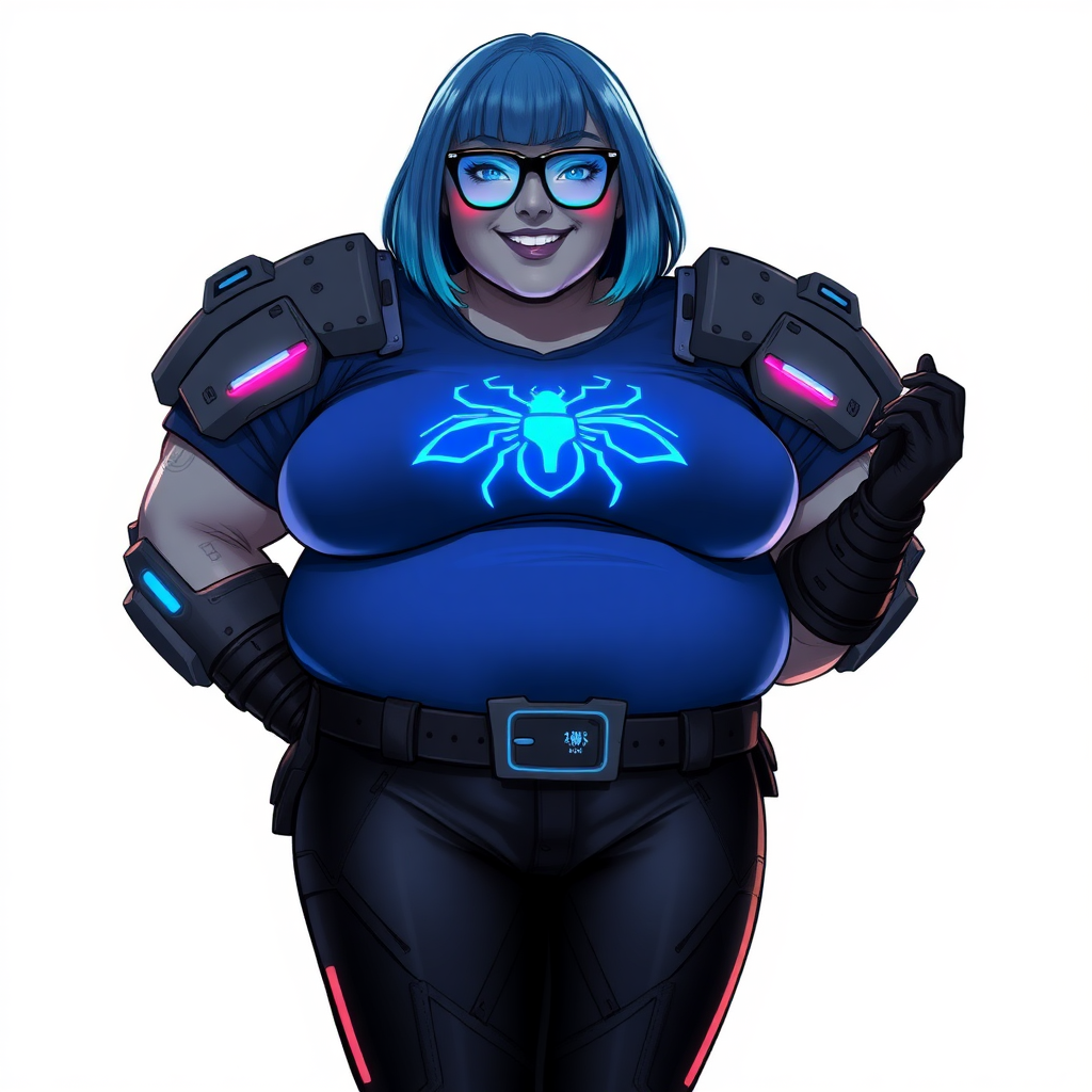 A 28-year-old, full-figured, middle gray skinned computer program hybrid with a maximum blue bob cut. She has a non-athletic build, highlighted by a prominent, round, large midsection (with heavy emphasis on her belly). As a digital sidekick, computer hacker, and nerdy girlfriend to her cyberpunk vigilante boyfriend, her middle gray metallic skin and maximum blue lipstick emphasize her digital nature. She wears a digital, computerized costume consisting of a gargantuan, tight-fitting, hi-tech, maximum blue t-shirt with a neon blue beetle glowing chest icon, hi-tech shoulder pads with neon blue accents, a black digital belt with a digital neon blue glowing beetle buckle, black biker pants with neon blue glowing accents, and black hi-tech gloves with neon blue glowing accents. Her neon blue glowing eyes, black eyeglasses with a neon blue glowing HUD built in its lenses, and lovestruck smile with neon red blush accentuate her nerdiness. She stands bashfully with her hands behind her back, her costume covering all her skin and emphasizing her full-figured physique (especially her belly). She is clearly non-athletic, with a focus on her full-figured physique. Despite her build, she radiates beauty. She is on a solid white background. She is drawn as if she was in a retro 2D cyberpunk fighting game.