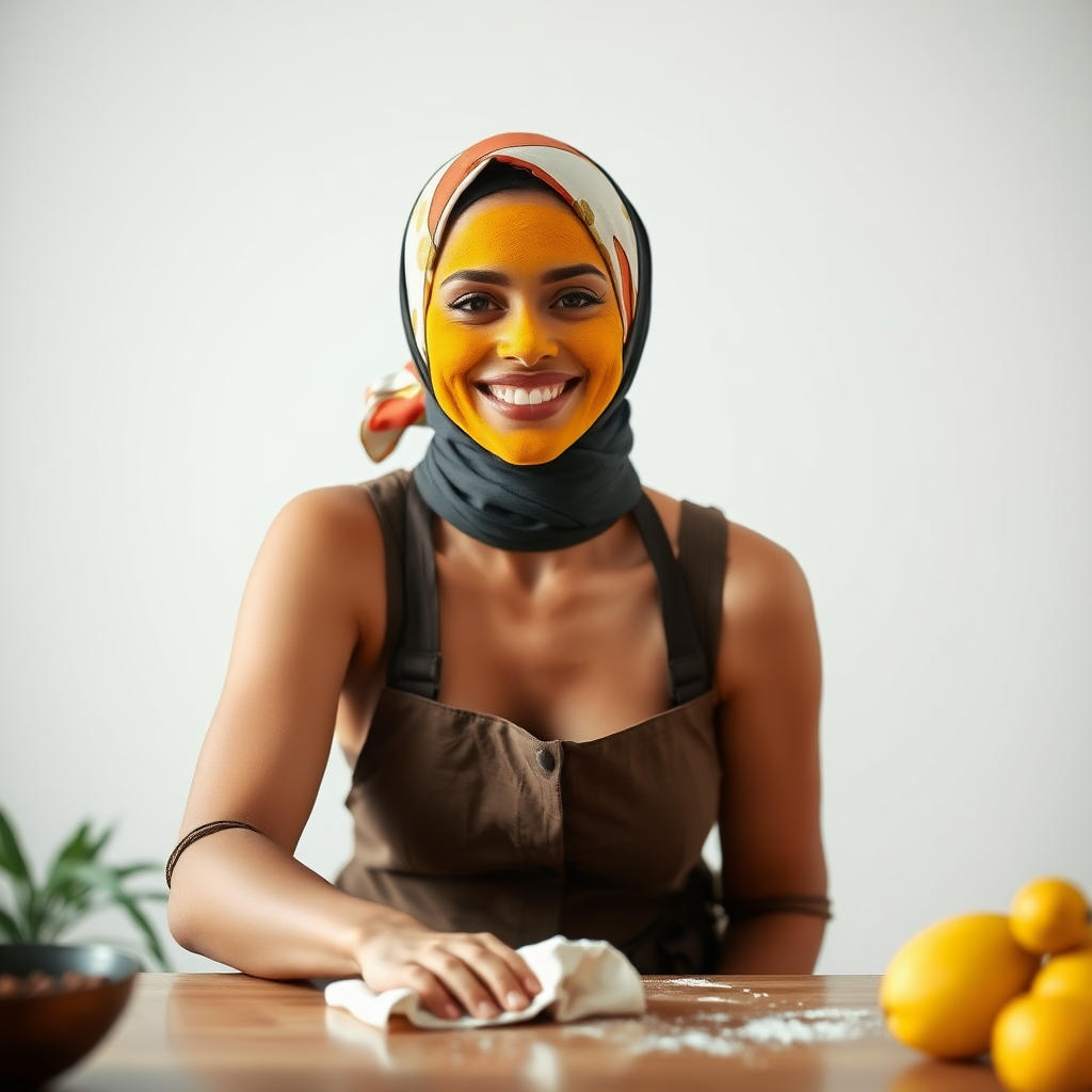 slim, 30 year old, sexy, french maid, short scarf head, turmeric face pack. She is smiling and cleaning a table with a cloth