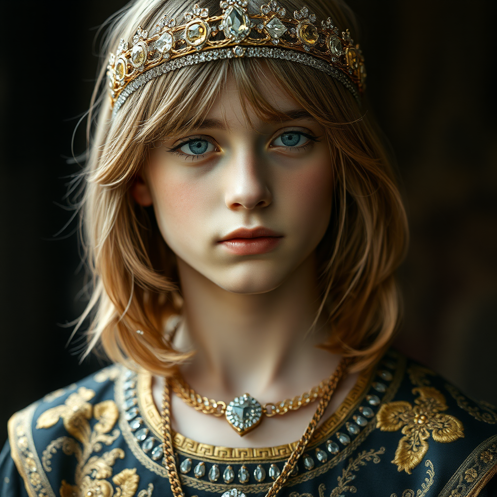 16yo teen bare boy prince, long bob cut, embroidered with gold and diamonds medieval cloths, diamond diadem. photorealistic, ultra high resolution, 16K,