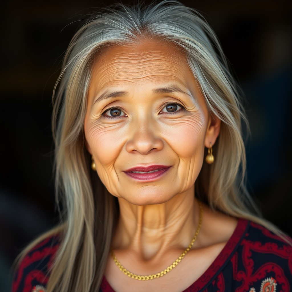 A absolutely realistic 50 year young North-East Thai woman with uncolored long straight hair and a fine gold chain.