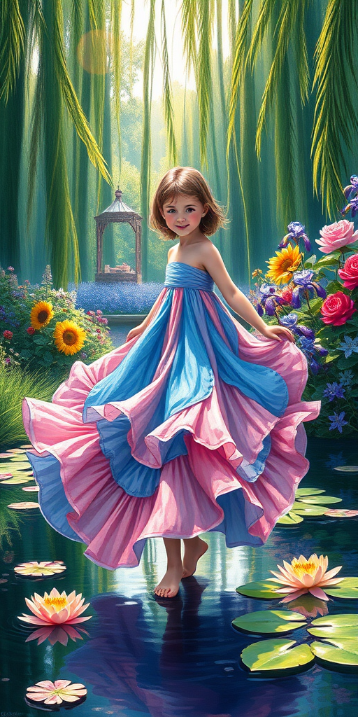 In a lush, idyllic garden inspired by Claude Monet's enchanting water lily paintings, a young girl stands gracefully at the forefront, her oversized dress flowing like a cascading waterfall of vibrant colors. Each intricate layer of her dress appears to come alive with the swirling patterns of cerulean blues, soft lilacs, and bright corals, creating a delightful contrast against the soft greens of her surroundings. The thick, textured gouache brings forth a tactile quality, with the paint almost seeming to leap from the canvas, while the impressionist brush strokes capture the movement of a gentle breeze that rustles the petals of nearby flowers.

Bathed in the soft glow of the afternoon sun, the garden buzzes with life; dappled light filters through the boughs of ancient willow trees, their long, emerald tendrils dipping into the glossy surface of a tranquil pond. Reflections shimmer like gemstones, mirroring the exuberant blossom of lilypads. The air is fragrant with the sweet scent of blooming roses and lilacs, while the delicate sound of bees humming harmoniously dances in the warm breeze.

Beyond the girl, vibrant splashes of color burst forth—sunflowers stand tall and proud, their golden petals a stark contrast against the deep indigo of a distant sky, while irises bloom in regal shades of violet and regal blue, adding further depth to the scene. Each element draws attention to the girl's whimsical pose as she twirls playfully amid this overwhelming explosion of nature's artistry. The artwork is presented in stunning 8k resolution, inviting onlookers to explore every minute detail, from the soft sheen of her dress to the rich textures of the flora surrounding her—each aspect blending seamlessly in an impressionist symphony that feels palpably alive.