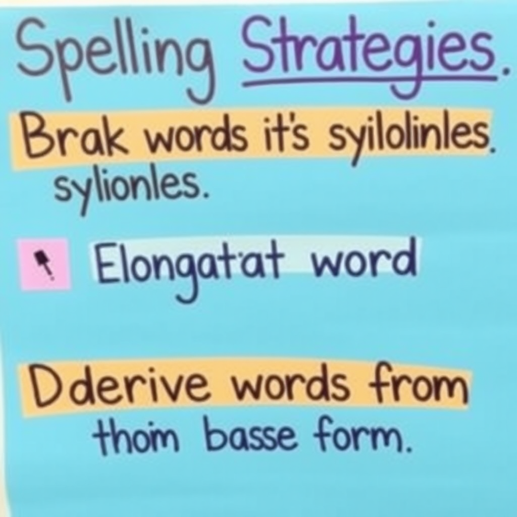 A poster with three spelling strategies: break words into syllables, elongate words, and derive words from their base form!