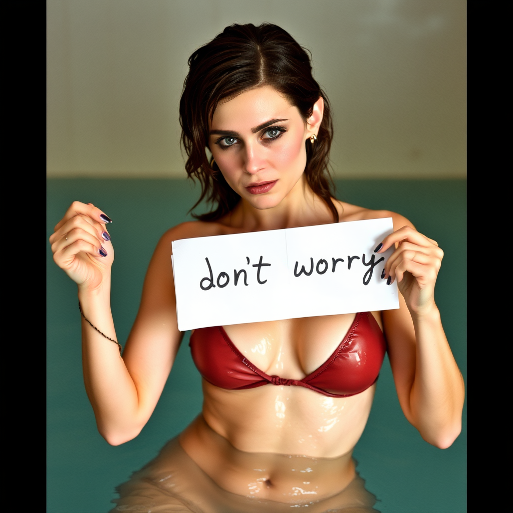 Rooney Mara wet body wearing bikini holding the paper with "don't worry" written on it.