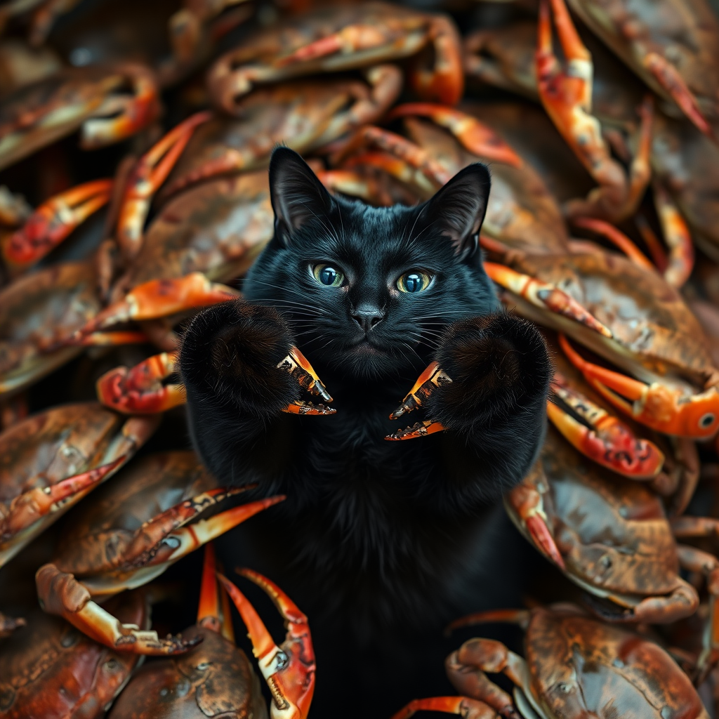 Lots of crabs holding a black cat in their claws