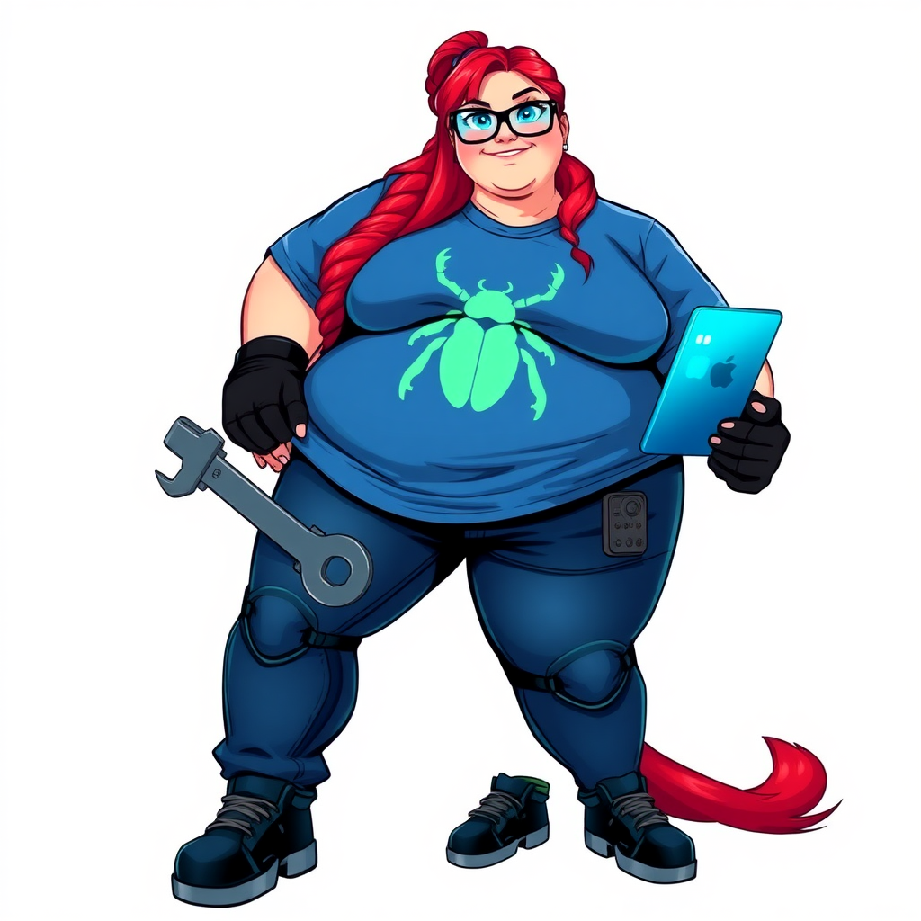 A 28-year-old, full-figured computer hacker and tech wiz girlfriend of a cyberpunk vigilante. Her long ruby-red ponytail, and striking, bright blue eyes make her stand out. Her wrecking ball-sized midsection, sequoia-sized limbs, and broad shoulders define her full figure, which has been heavily pampered by her doting boyfriend. Her nerdiness is blatantly obvious, and she serves as her boyfriend’s tech expert.

As the loyal and supportive sidekick, she plays a crucial role in their missions, using her digital and technological prowess to assist and protect. She wears an oversized maximum blue t-shirt adorned with a maximum turquoise beetle chest icon, black oversized eyeglasses, matching maximum blue biker pants, and black high-tech gloves. She beams with a neon red blush, holding a futuristic wrench and a digital holographic tablet. She is on a solid white background. She is drawn as if she was in a retro 2D cyberpunk fighting game. Her proportions are bloated to emphasize her figure.