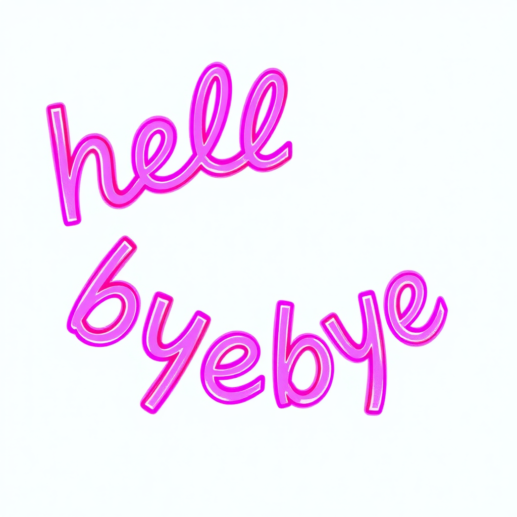 A fine art piece that reads both "hello" and "byebye". it is shockingly colorful with vibrant pinks and neon greens.