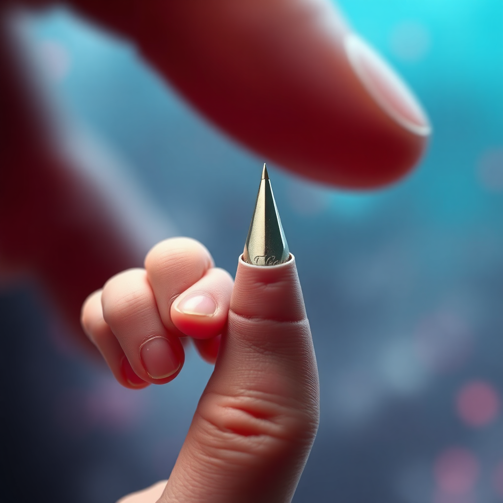 Sci-fi digital art. Tiny man (size of a pen) looking up at the viewer and showing middle finger.