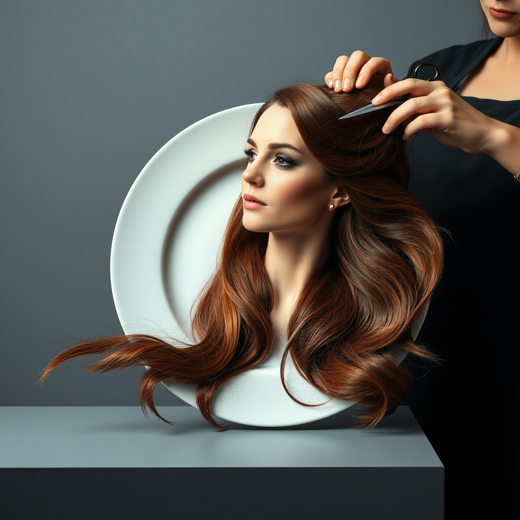 In a strikingly surreal scene, a beautifully crafted porcelain plate holds the disembodied head of a graceful Kate Middleton, her long, flowing hair cascading around like a luxurious waterfall of silky strands, shimmering in various shades of deep chestnut. Each hair seems to catch the light, creating an almost ethereal glow. Nearby, a meticulous hairdresser, dressed in a sleek black apron, carefully snips away at Kate's locks with precision scissors, their actions fluid and deliberate, emphasizing the delicate artistry of the moment.

The setting boasts minimalist decor, with a plain gray background that heightens the focus on this bizarre tableau. Soft shadows play across the smooth surface of the plate, enhancing the haunting beauty of Kate's serene expression, which conveys both elegance and an uncanny sense of stillness. The atmosphere is a blend of surreal calm and unsettling intrigue, pulling the viewer into a dreamlike space where reality and imagination intertwine. Gentle noises of scissors softly clipping away hair are the only sounds in this peculiar yet captivating scenario, heightening the tension and drawing viewers into this striking juxtaposition of beauty and the bizarre.