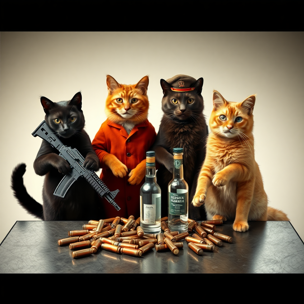 4 cat-men in a large square, a black one holding an AK-47, an orange one with a Russian military cap, a dark brown and a light brown, USSR communists with vodka, around a table with bullet casings on it (silver photo style)