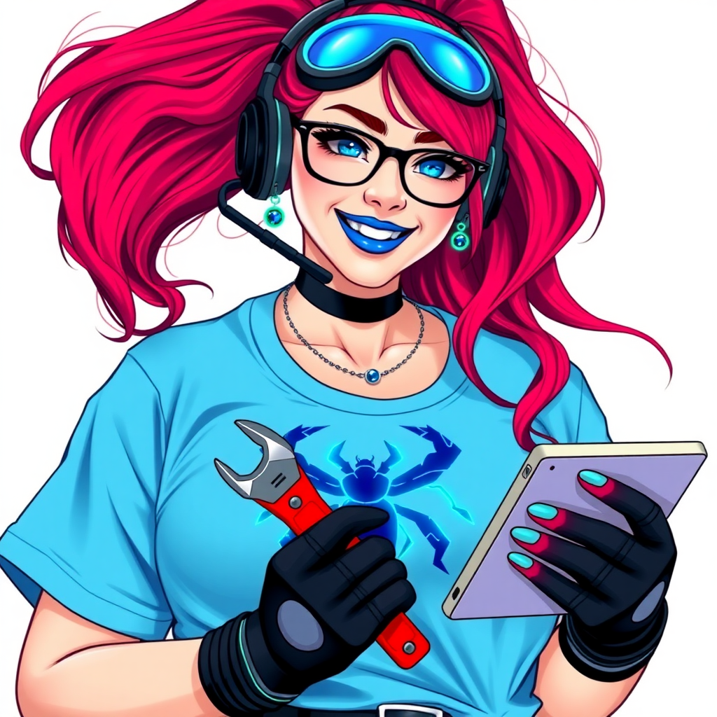 An intelligent and tech-savvy 29-year-old computer hacker and tech genius. She has a long ruby red ponytail. She wears maximum blue lipstick, blue eyes, a sapphire beetle gemstone necklace, sapphire earrings, black eyeglasses, hi-tech power gloves, and an oversized maximum blue t-shirt featuring a neon blue glowing beetle chest icon. She has a gargantuan full-figured physique with a prominent round gargantuan midsection, reflecting her well-cared-for lifestyle. She sports a sapphire headset with a hi-tech maximum turquoise lensed HUD, and a beaming smile accentuated by a passionate neon red blush. She serves as his tech expert from his hideout, holding a futuristic tool wrench and a futuristic digital tablet. The background is solid white. She is drawn as if she was in a retro 2D cyberpunk fighting game.