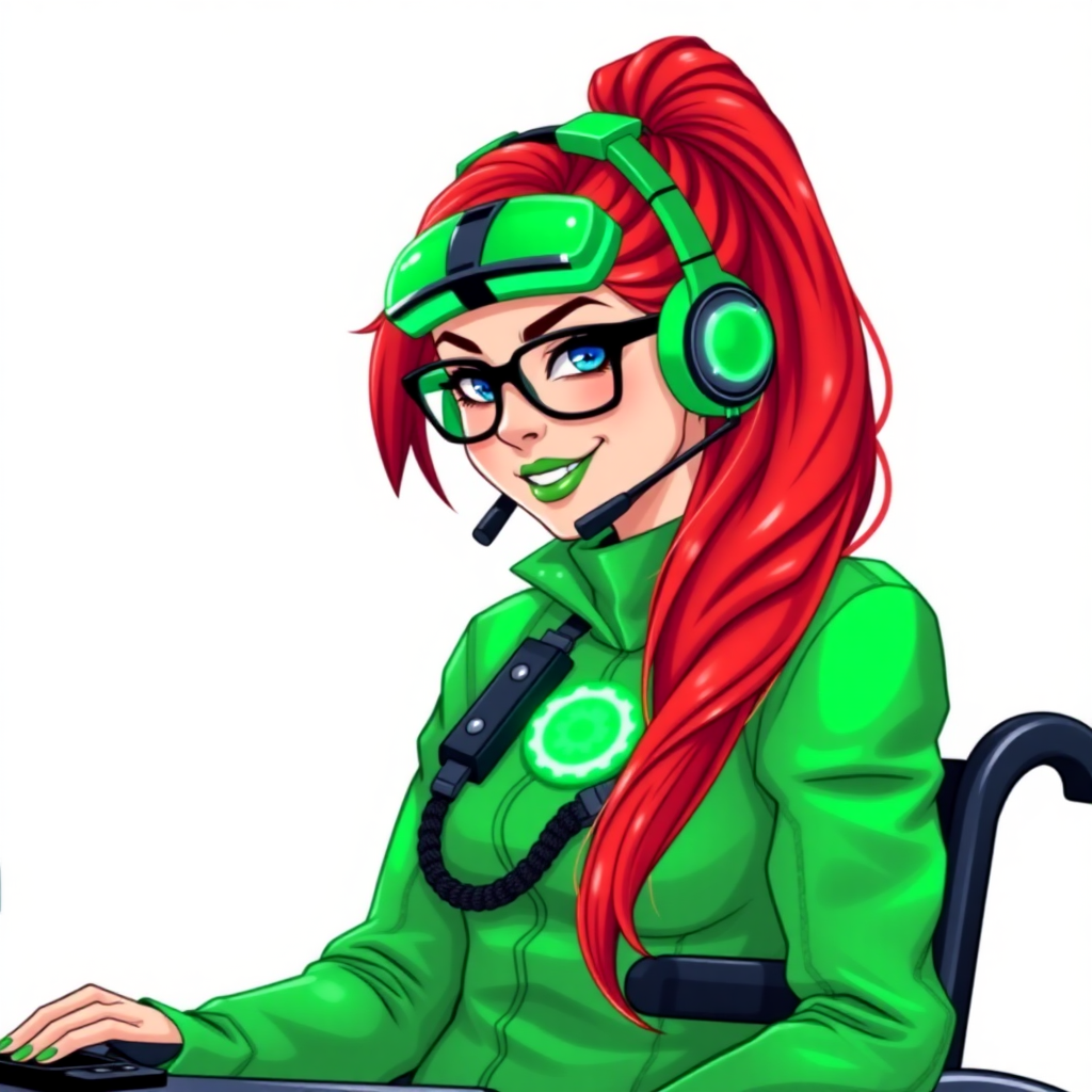 A nerdy, 29-year-old tech genius in a wheelchair, with a long fiery-crimson ponytail. She wears maximum green lipstick, bright blue eyes, and a hi-tech maximum green suit featuring a neon green glowing cog chest icon. She sports an emerald headset, black eyeglasses with a neon green lensed HUD, and a lovestruck smile with neon red blush. She serves as her corrupt cyberpunk CEO's tech expert from his company's cybersecurity division, diligently working at her computer desk. The background is solid white. She is drawn as if she was in a retro 2D cyberpunk fighting game.