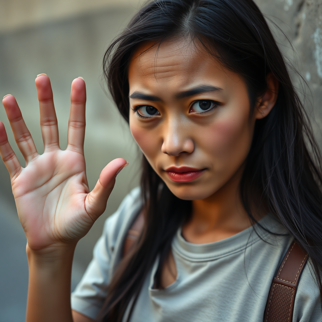 A very mysterious and very pretty, sad and homeless, about 30 years old, healthy, young-at-heart Asian woman with a very dark skin color and with a T-shirt and long, deep black hair and very typical and black Asian eyes, is very ashamed to look me in the eye and waves to me very embarrassed.