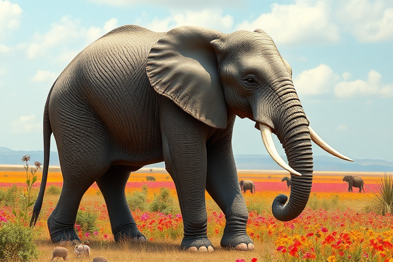 Generate a full-length photorealistic image of an elephant featuring the musculature and framework of a mouse, while keeping its head intact complete with distinct facial features. The skin retains its elephantine texture, complemented by soft fur similar to a mouse. The background blends elements from both animals' habitats, showcasing a mix of savannah and vibrant fields. Include plants characteristic of each environment, ensuring a harmonious and imaginative scene that captures the essence of both creatures while highlighting their unique characteristics in a surreal setting.