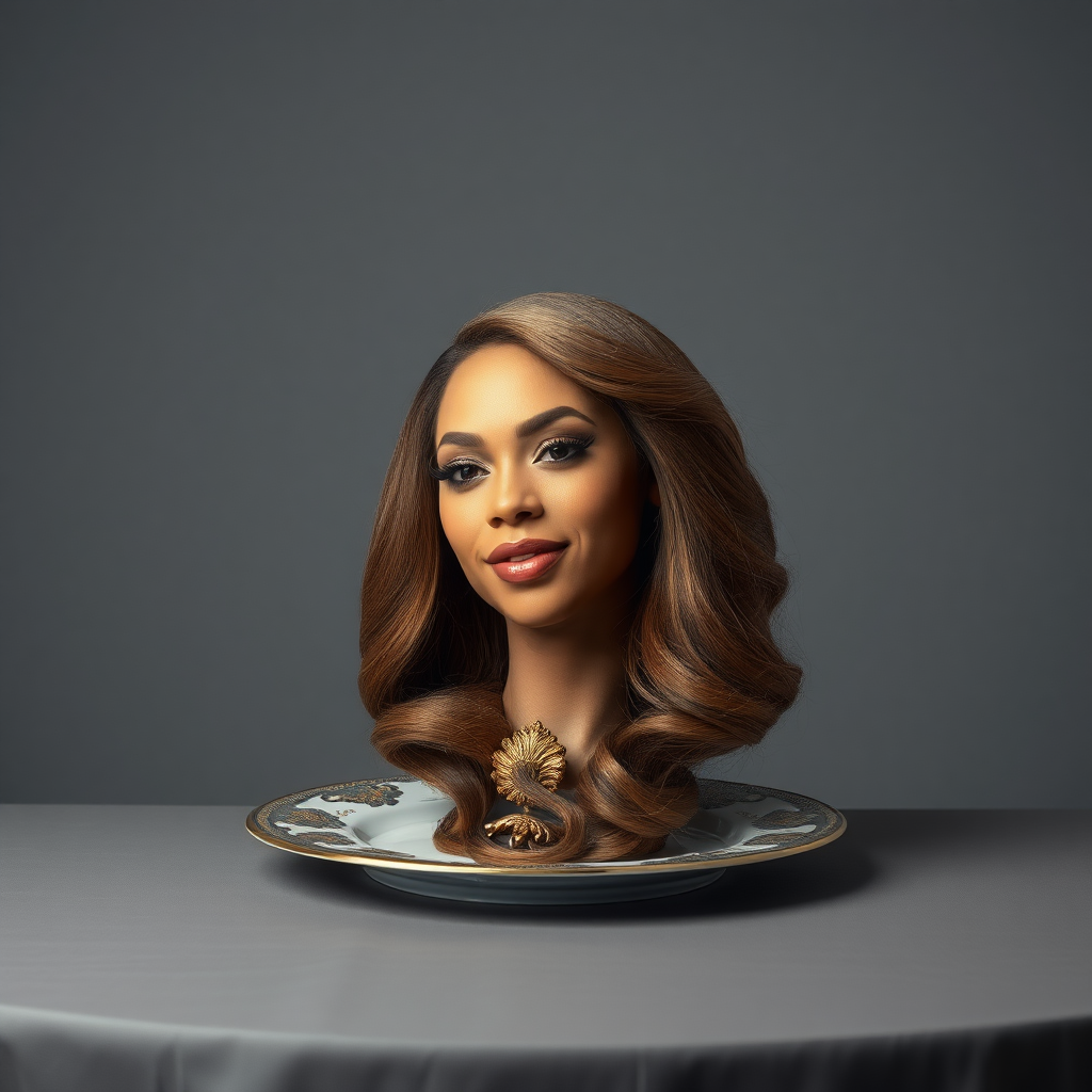 In a surreal and striking scene, the elegantly styled disembodied head of a stunningly beautiful Beyoncé rests gracefully on an ornate, luxurious plate, which is carefully placed on a simple, understated table. Her very long, flowing hair cascades like a rich waterfall of silky, rich brown locks, framing her exquisite face and accentuating her radiant, flawlessly glowing skin. The delicate contours of her chin rest lightly against the polished surface of the plate, lending an unexpected intimacy to the bizarre presentation.

The background is a muted, plain gray, casting an air of modern minimalism that contrasts dramatically with the lavishness of her appearance. Soft shadows play across her features, highlighting the subtle high cheekbones and perfectly shaped lips, which seem poised for a soft smile. The atmosphere feels both elegant and eerie, inviting intrigue and contemplation as viewers are drawn into this surreal artistic tableau, where beauty and the absurd collide in unexpected harmony.