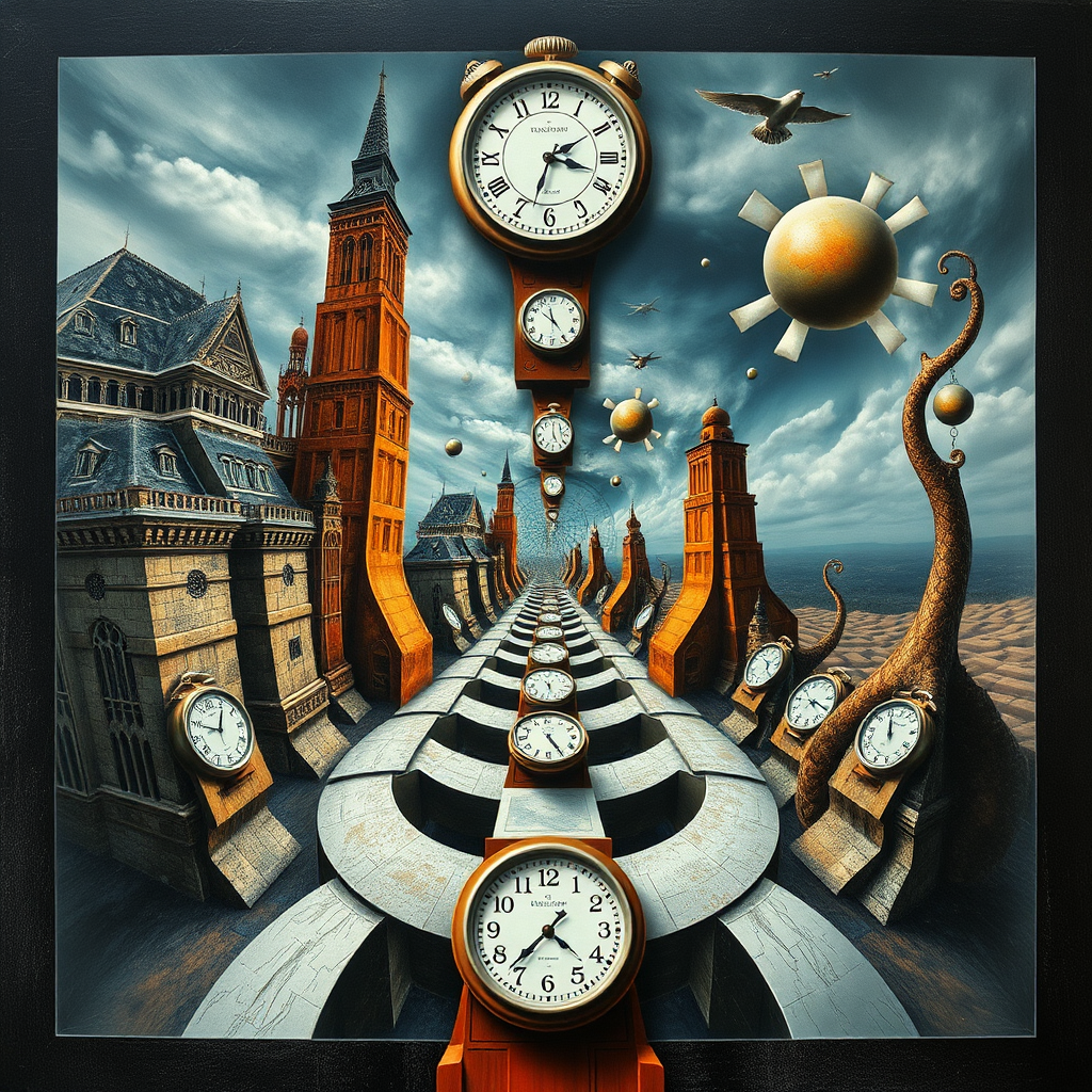 Create a mix picture in "Maxfield Escher" and Salvador Dali style. With clocks.