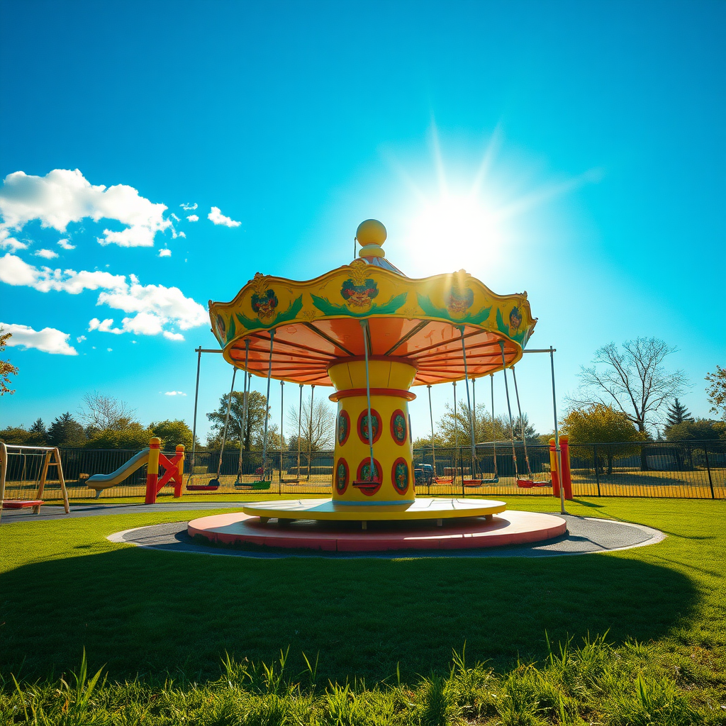 (sunny, colorful playground scene with eerie atmosphere, hyper-realistic, cinematic horror) (best quality), (masterpiece), (ultra-detailed), (bright daylight, unsettling quiet), a brightly colored playground basks in the afternoon sun, its equipment shining and well-maintained. Swings sway gently in the breeze, and the merry-go-round stands motionless. The scene is vibrant and inviting, with blue skies above and neatly cut grass below, but there are no children playing. The silence is unnerving, and the absence of life creates a growing sense of unease. The swings seem to move slightly against the wind, and the bright sunlight casts long, unnatural shadows. The once playful surroundings feel oddly deserted, like something is hiding just beyond your vision.