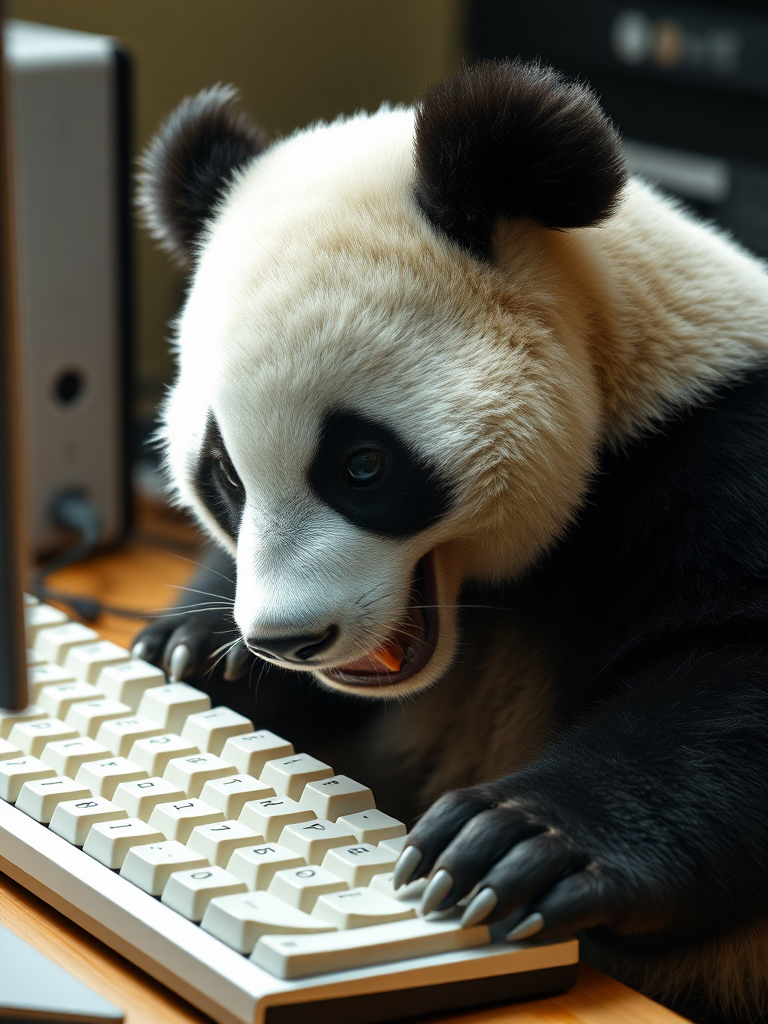 A photo realistic picture of a panda with a computer keyboard in his mouth, chewing away at the keyboard.