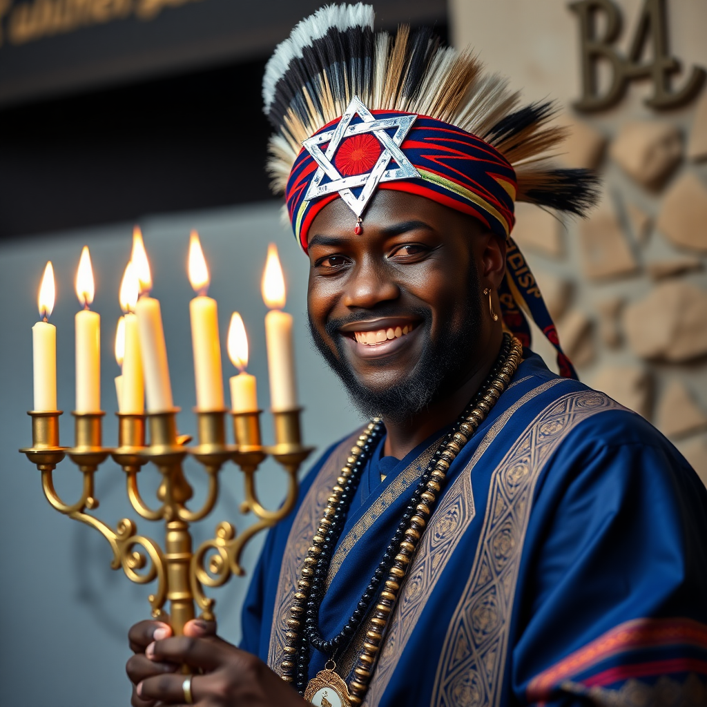 create a photorealistic image of a black man wearing traditional Indian dress they are wearing a Yamika and star of David while holding a 7 candle menorah