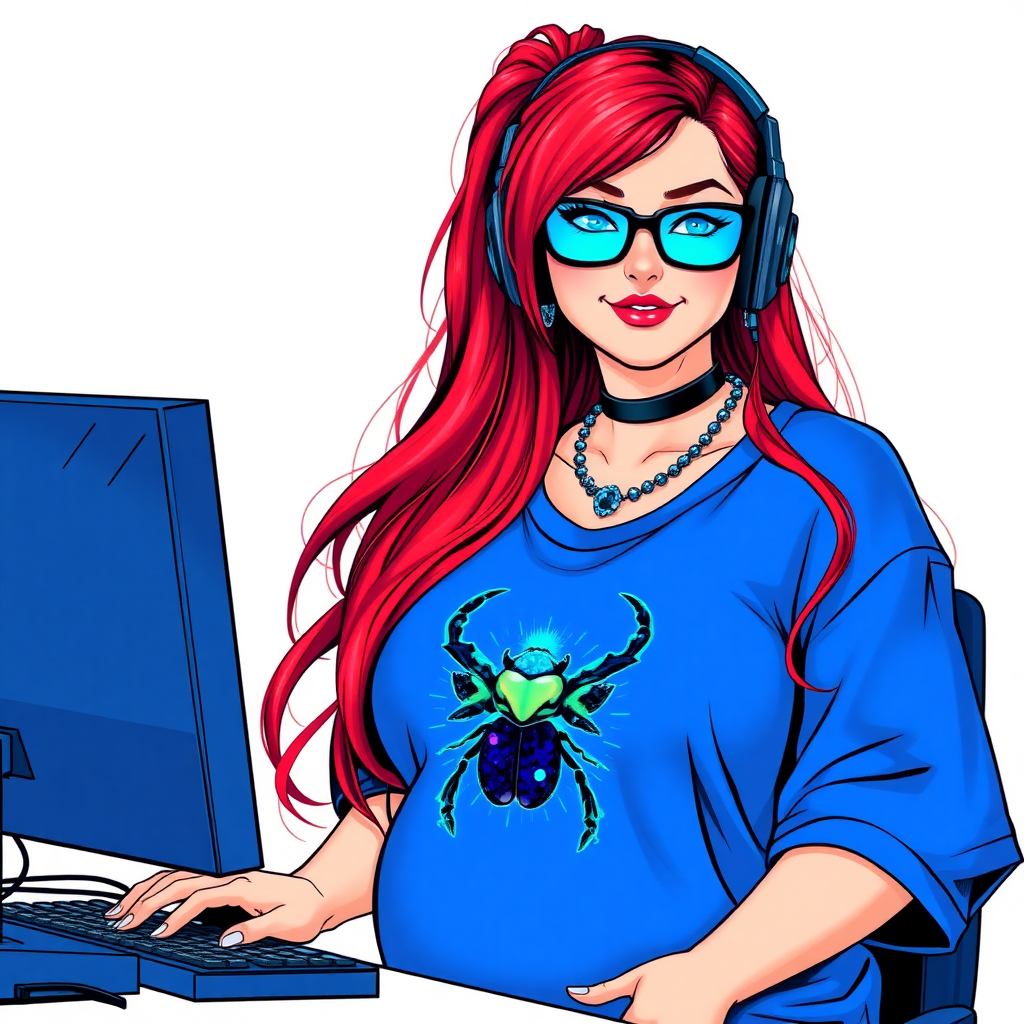 A cyberpunk vigilante’s full-figured intelligent and tech-savvy 29-year-old girlfriend, who is a computer hacker and tech genius. She has a long ruby red ponytail. She wears maximum blue lipstick, bright blue eyes, a sapphire beetle gemstone necklace, sapphire earrings, black eyeglasses, and an oversized maximum blue t-shirt featuring a blue sapphire gemstone crusted beetle chest icon. She has a full-figured physique with a prominent, massive, round belly, reflecting her well-cared-for lifestyle. She sports a sapphire headset with a hi-tech maximum turquoise lensed HUD, and a shy smile with a neon red blush. She serves as his tech expert from his hideout, diligently working at her lab table computer desk. The background is solid white. She is drawn as if she was in a retro 2D cyberpunk fighting game. Ensure her t-shirt covers her belly.