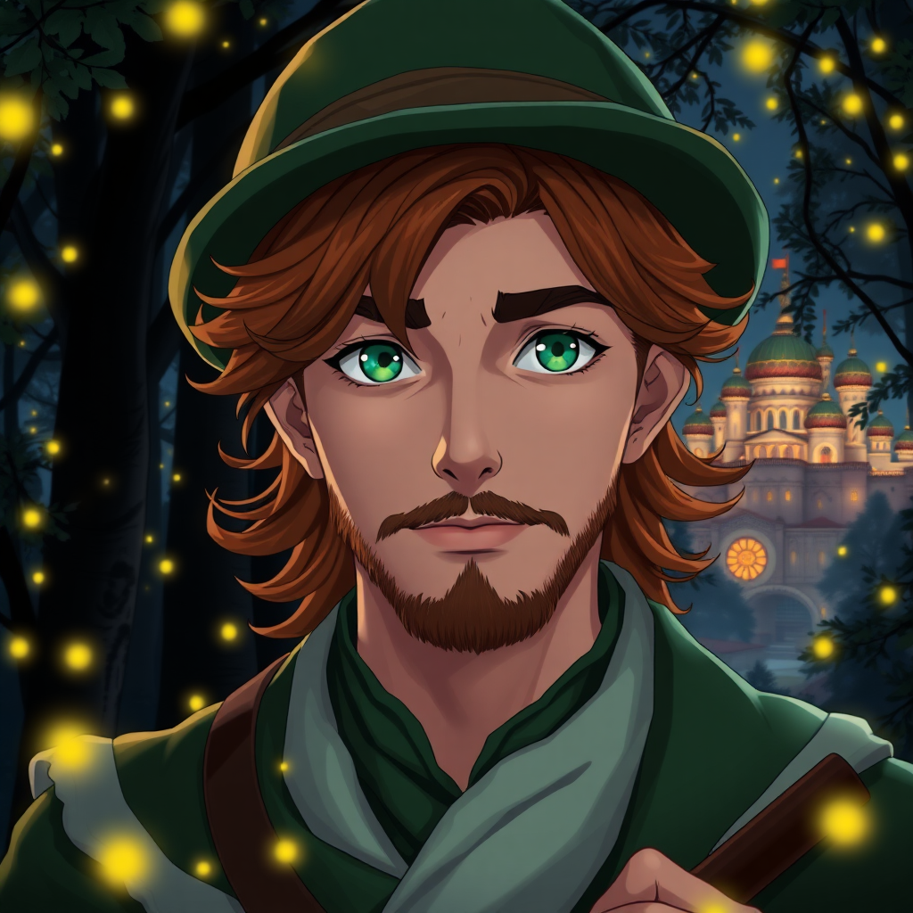 Create a detailed anime-style image of a 25-year-old white man. Its eyes are green in color. Her hair is slightly wavy and bold in a coppery brown tone, with a Robin Wood-style hat. He has masculine features and his countenance is strong. He wears a moss green and white flutist style outfit. He has a beard and mustache. It's in the middle of a dark forest, lit by fireflies that glow softly. In the background, a city with fantastic architecture, giving a magical touch to the scene. The image must have an anime style, capturing every detail with precision and 8k quality. Looks like a photograph." Extremely realistic. 25 years old. Beautiful. Beautiful. Extremely realistic. Beautiful appearance.