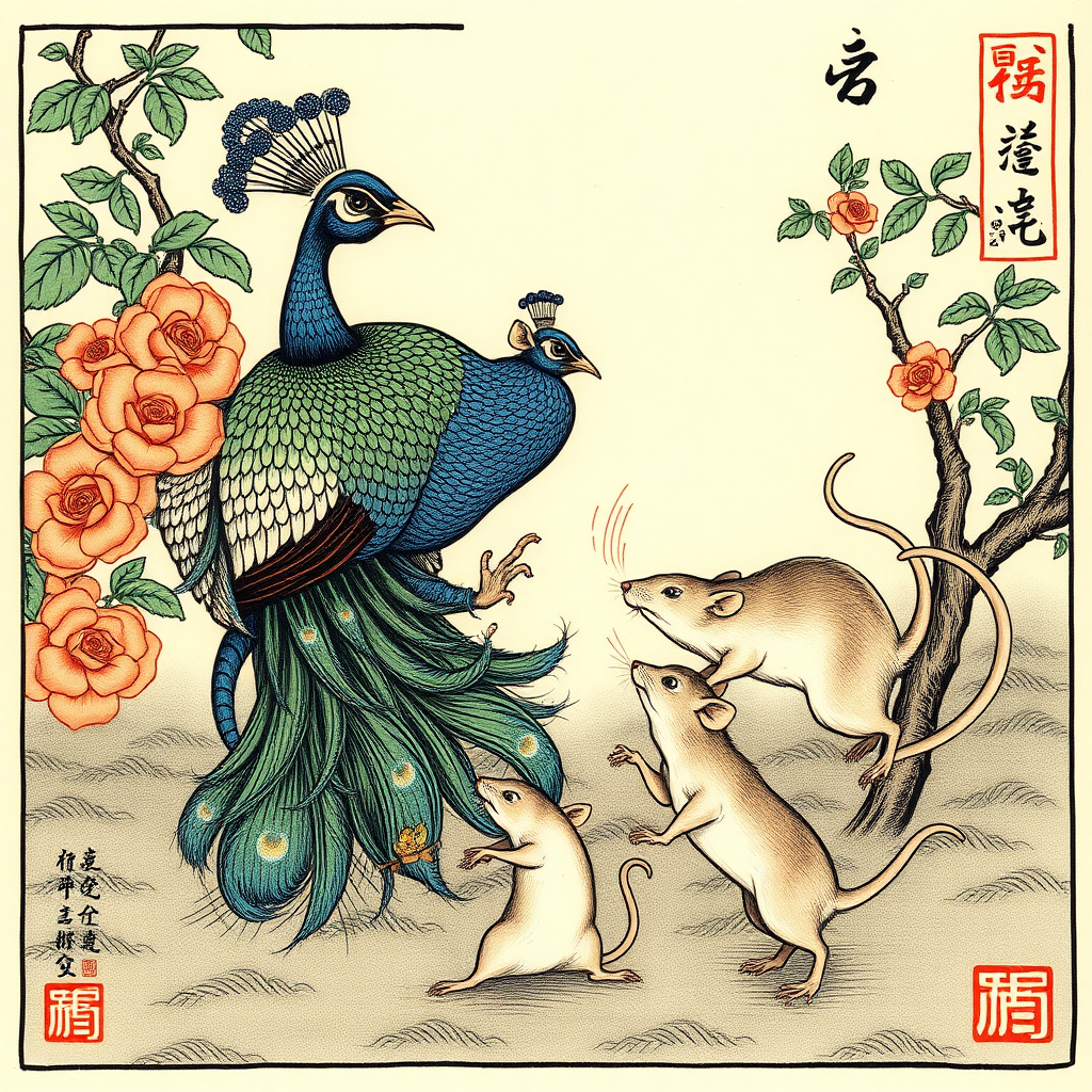 A peacock fighting rats, Chinese woodcut, Catholic