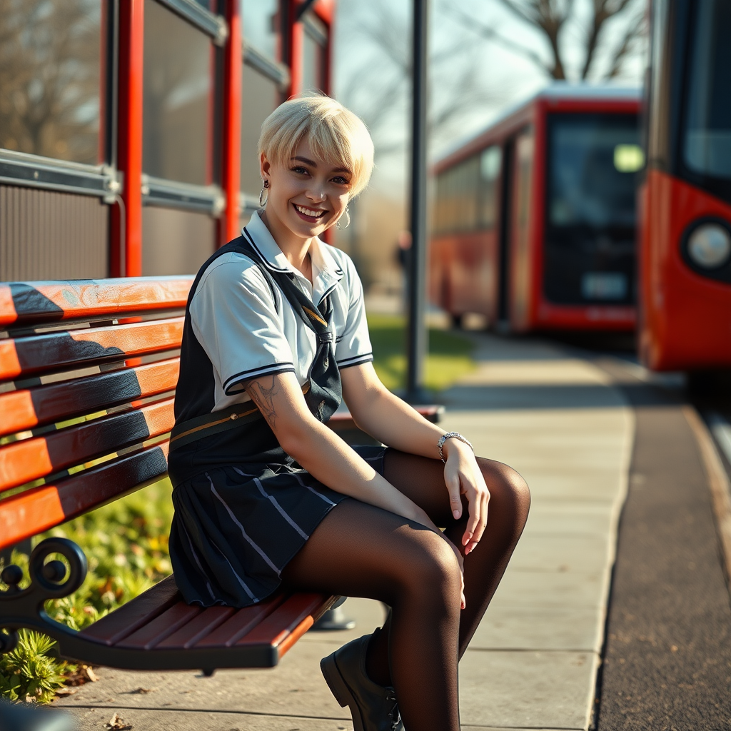 photorealistic, ultra high resolution, 16K, surreal fantasy, soft studio lighting, a pretty 18 year old goth male, slim male physique, short blonde hair, goth makeup, earrings, shiny black pantyhose, UK girls-school uniform, Mary-Jane shoes, sitting on a bench waiting for the school bus, in daylight, excited smile, facing the camera.