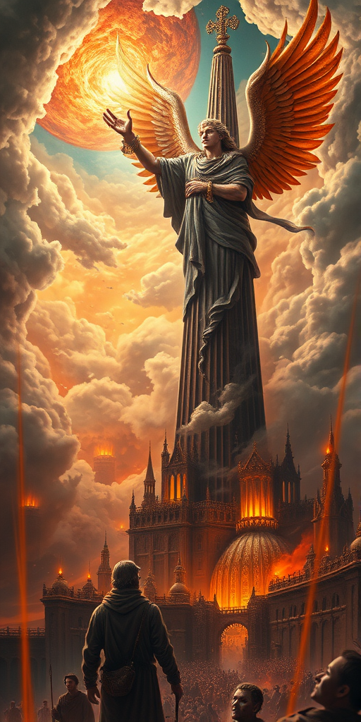 A breathtaking vista of a celestial city engulfed in a storm of swirling clouds and celestial fire. Within the chaos, a fallen angel, with a twisted, once-beautiful face, stands proudly atop a towering spire, his hand raised, unleashing a torrent of knowledge upon the world below. Below, a city of humans, bathed in the ethereal light of the angel's power, looks up in awe, their faces reflecting a mixture of wonder, fear, and the realization of their newfound understanding. The scene is a visual allegory for the dangerous power of knowledge, the consequences of which will forever shape the destiny of humanity.