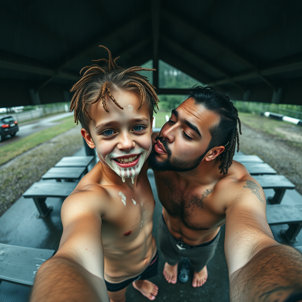 aerial selfie, selfie stick, confident athletic half dressed little 12-year-old boy with adorable hair and freckles kisses his dads, the boy is splattered with runny clear white mucous covering his face and drooling from his little mouth and dreadlocks and toes, he has braces, no clothes, his dad looks like his mind is blown by his little son, dads have hairy legs and barefoot, dark rainy rest stop picnic shelter