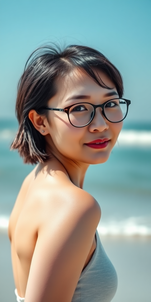 A Chinese woman, wearing glasses, with short hair, gentle and generous, slightly plump, with full thighs and a full buttocks, A cup size, sunlight, beach, sea, full-body photo.