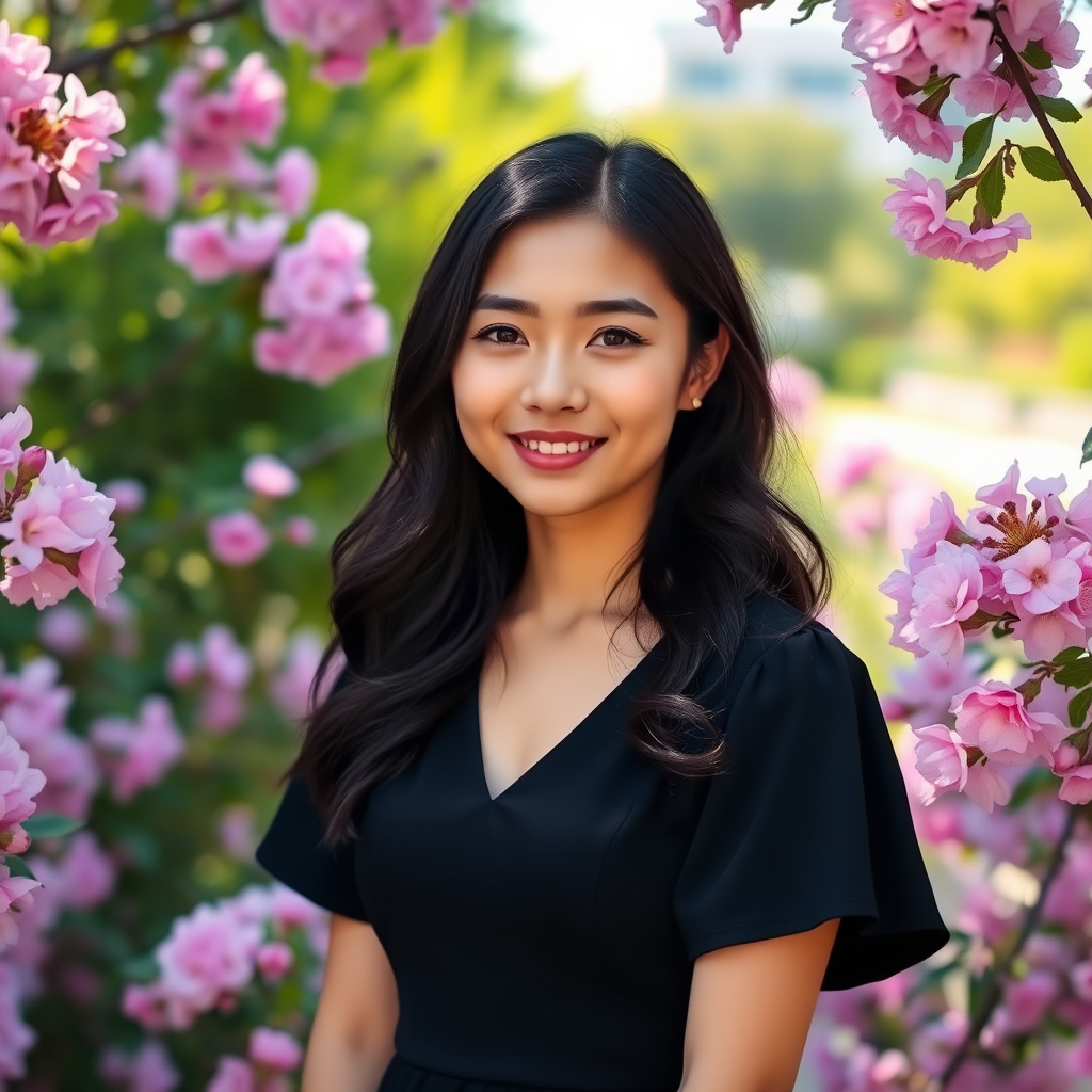 A young woman stands amidst blooming pink flowers, wearing a simple black dress with a V-neckline. She has long, wavy dark hair and a gentle smile, exuding a serene and confident aura. The background features softly blurred greenery and distant buildings, with sunlight illuminating the scene.