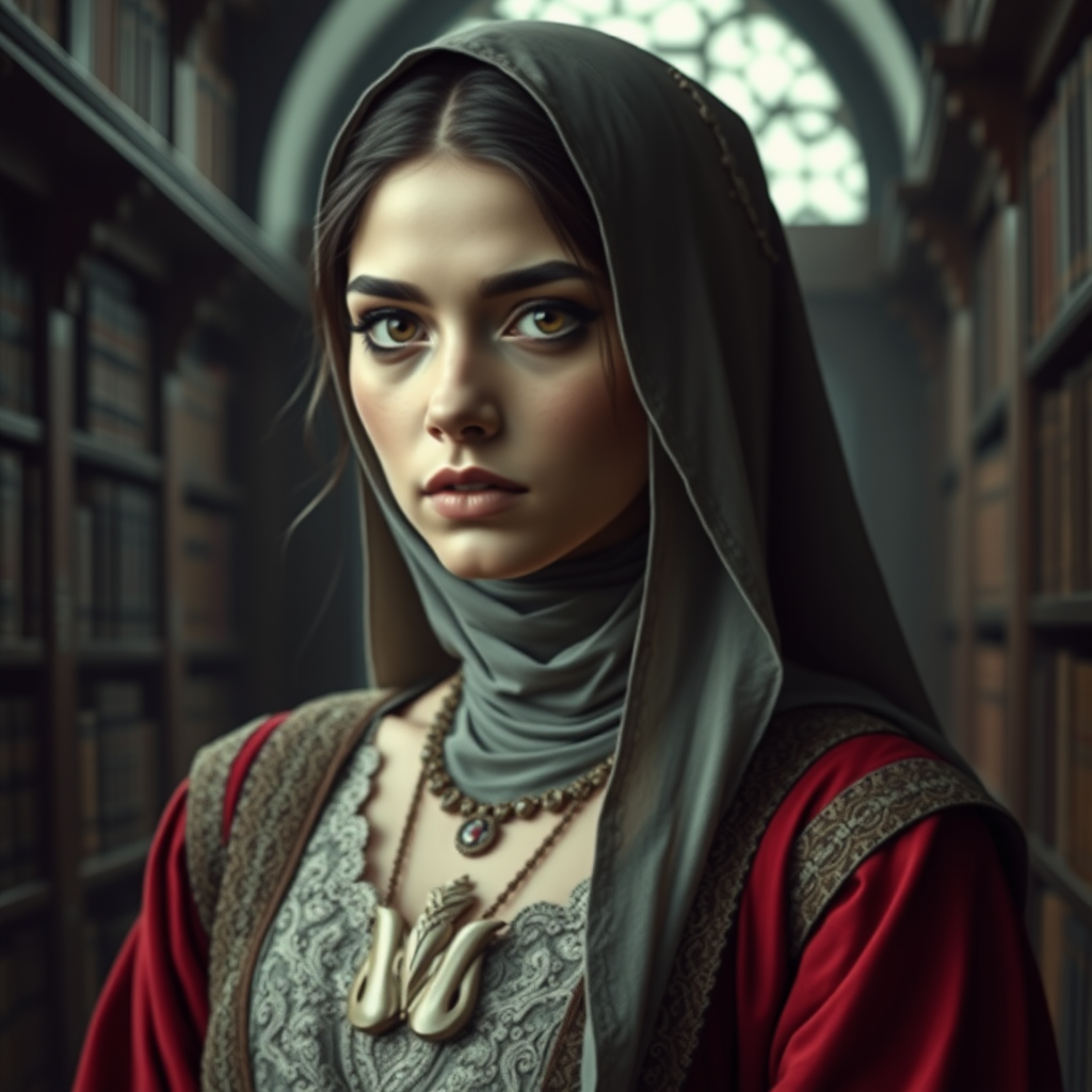 In the world of Vampire the Dark Ages, a beautiful and enchanting 17-year-old Muslim woman with Arabic features and a corpse-like complexion, dressed like a medieval Persian woman. The image should show the character from the head to the waist without showing her hair or neck. The background should depict a medieval library. high definition, photorealistic, 16K.