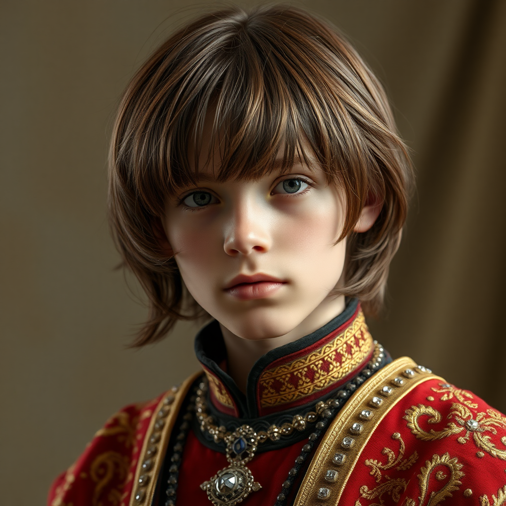 16yo teen boy prince, long bob cut, embroidered with gold and diamonds medieval cloths. photorealistic, ultra high resolution, 16K,