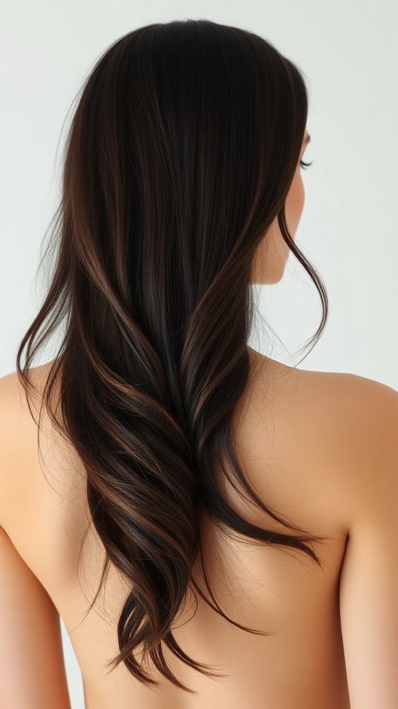 Model woman from behind with long dark brown hair.