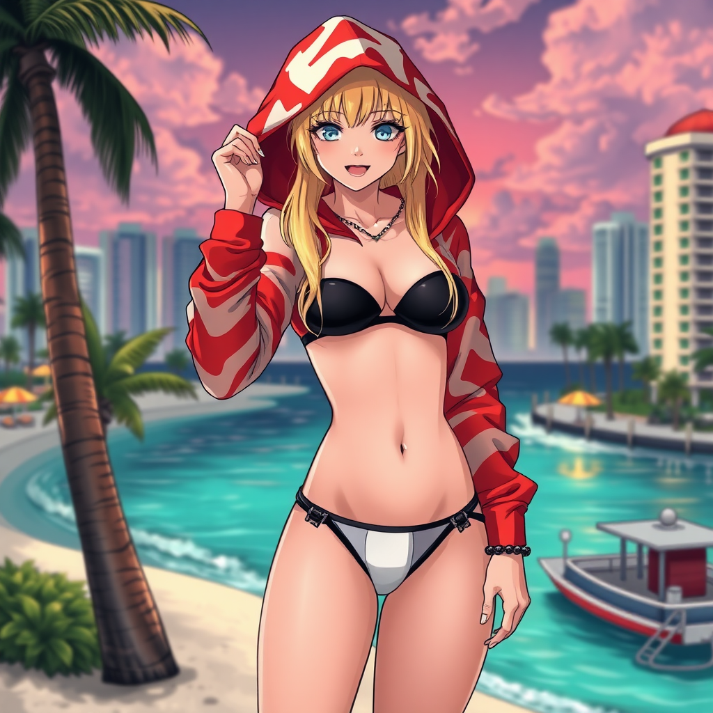 Anime style art of a thug blonde hood girl, wearing nothing but a micro-black bikini and g-string thong under a red-white Bape hoodie, down in Miami Beach, Florida near a city.