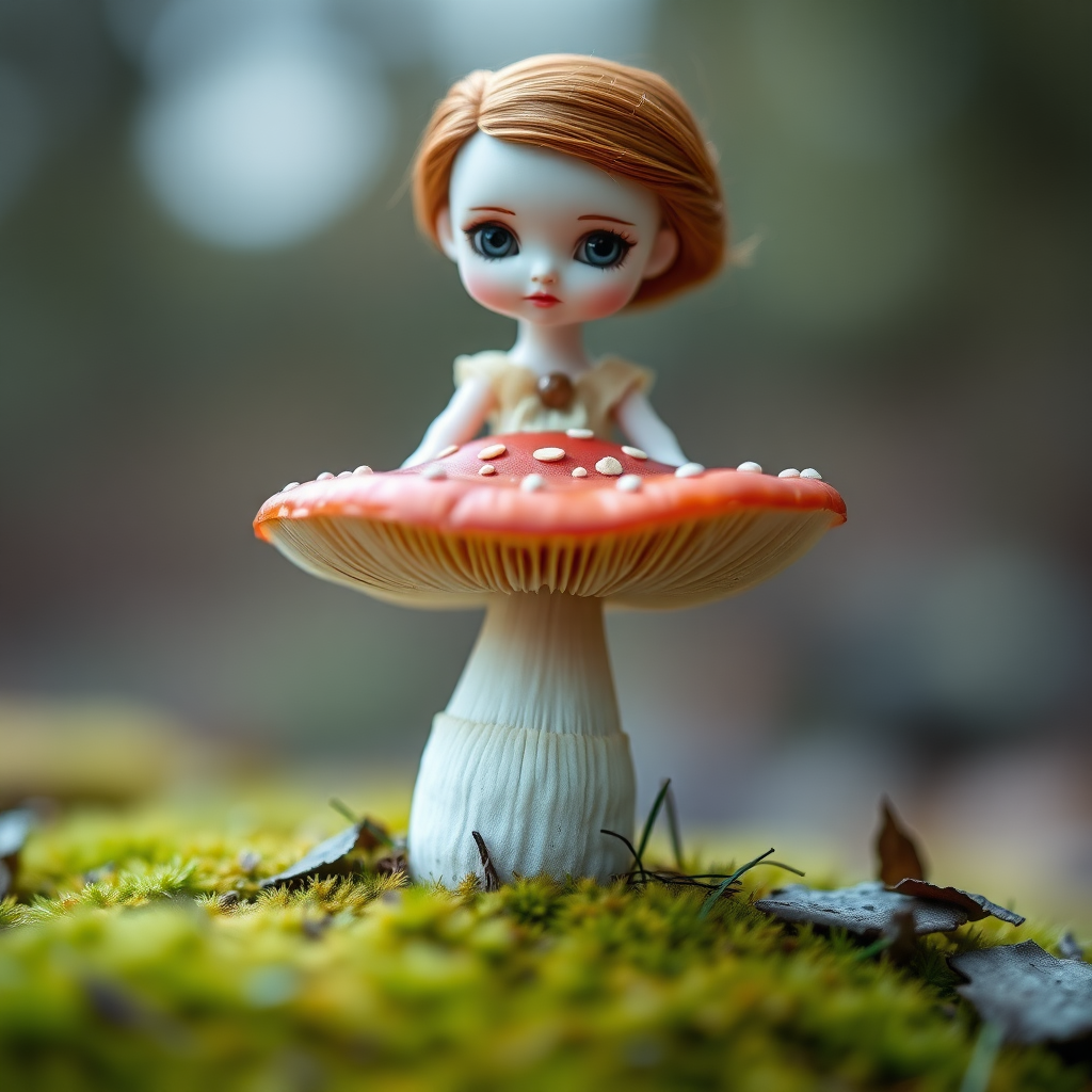 ooak art doll sitting on a amanita mushroom in nature, shy flirting with the camera, questioning look, bisque doll, artist doll, realistic doll, life-like porcelain doll, handmade, one of a kind, focus stacking, abstract, minimalist art, in focus, hyperfocal, bisque porcelain, Victorian dress, symmetric, sacred geometry, original, unique personality, dynamic, cinematic scene, centered, zoom shot, dept of field, low key lighting, preteen ginger girl, balanced colors, Alice in wonderland