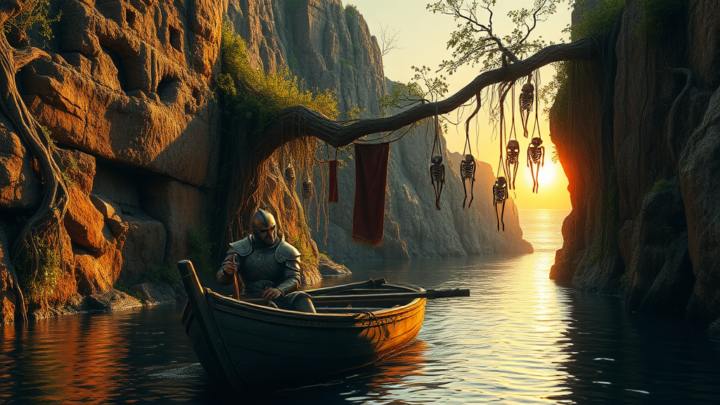 A cinematic panorama of a lone, wounded knight, slumped against the prow of a small wooden boat, his armor battered and stained with blood. The boat navigates a narrow river, its waters reflecting the fiery hues of a setting sun. Towering cliffs rise on either side, their rugged surfaces adorned with crumbling ruins of ancient structures. Thick vines, gnarled roots, and lush foliage cascade down the rock walls, bridging the chasm with their tangled embrace. Skeletons, clad in decaying armor, hang suspended from branches, their skeletal forms swaying gently in the breeze. As the river winds its way towards the distant ocean, the cliffs gradually open, revealing a glimpse of a vast, sun-drenched expanse of water stretching towards the horizon.