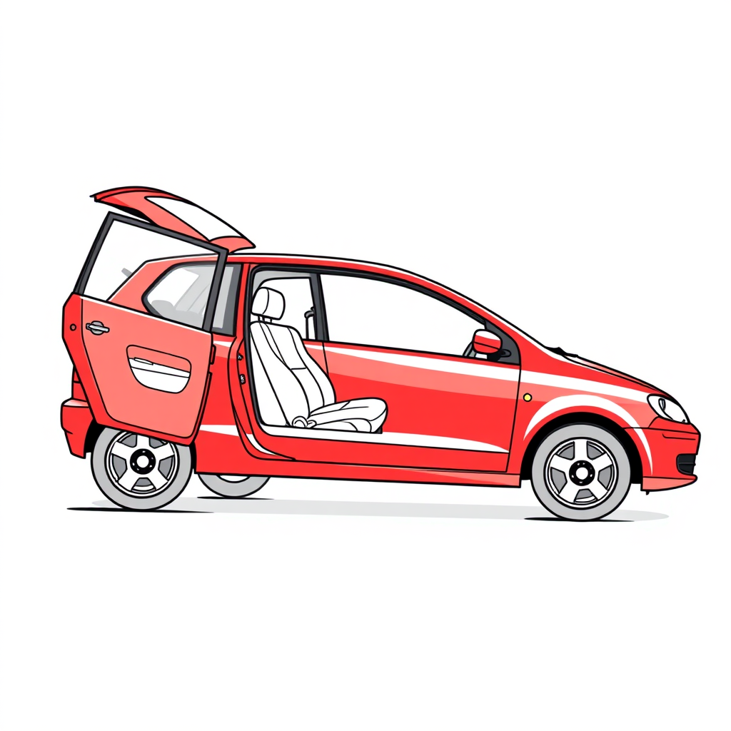 red vw polo II car, driver's door wide open, driving seat visible, long establishing shot, 2D, caricature, cartoon, Sketch lines, coloring book, coloring book style on white background, well composed, clean coloring book page, No dither, no gradient, strong outline, No fill, No solids, vector illustration, realistic proportions, blueprint, left side view