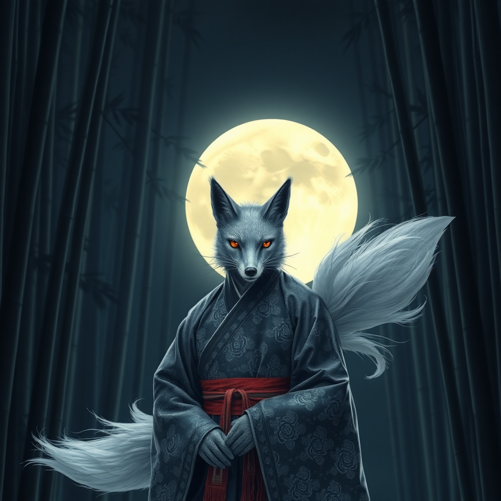 A Korean eerie-looking silver nine-tail-fox in an ancient Hanbok, in front of the full moon in a bamboo forest.