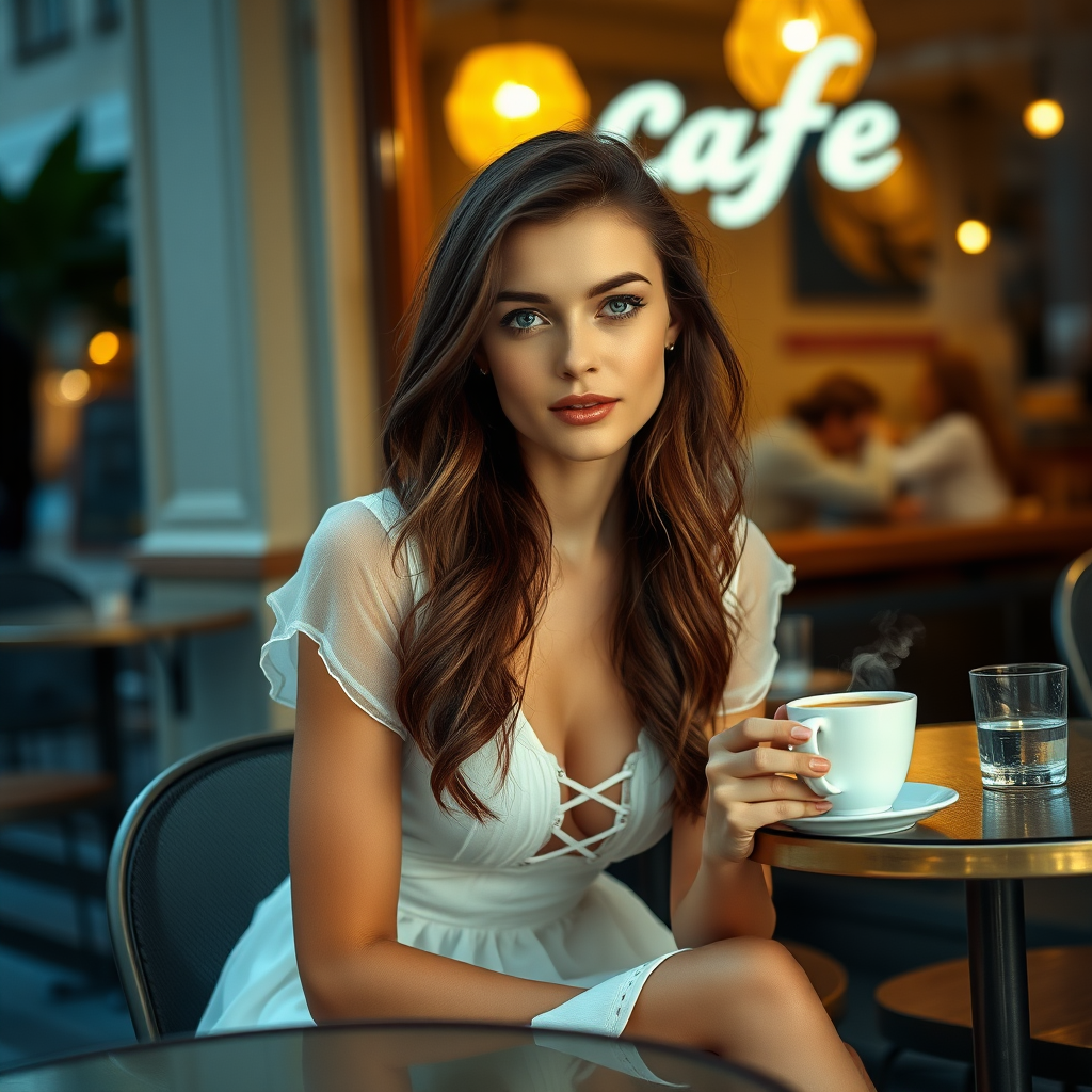 A young woman with brunette hair, pale blue eyes, wearing a translucent white dress and white lace-up high heels. She is sitting in front of a café at a table, with a cup of steaming coffee and a small glass of water on the table. Late evening. Photo.