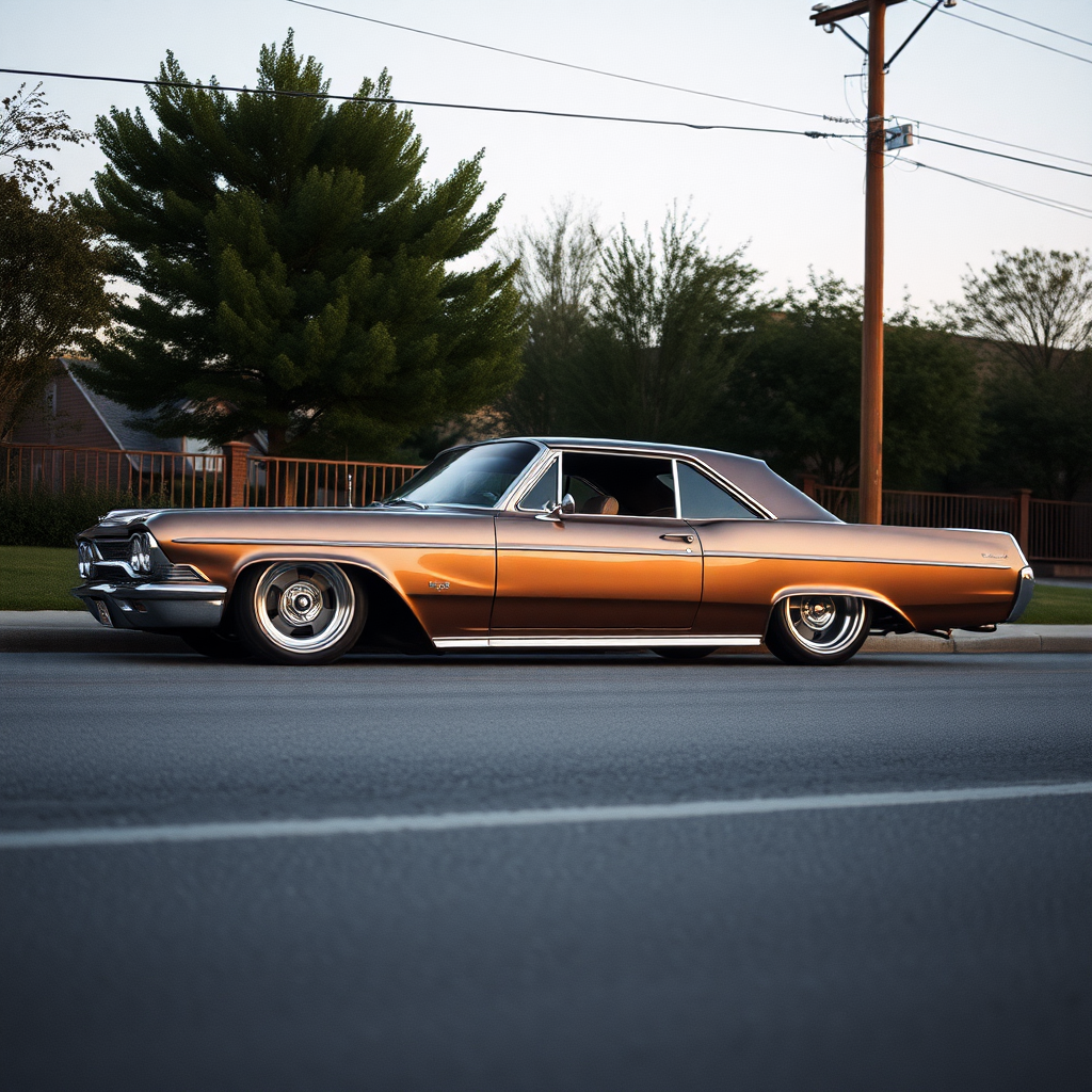 the car is parked on the side of the road, inspired by Taiyō Matsumoto, tumblr, restomod, nd4, c4 metallic shine classic american low rider car