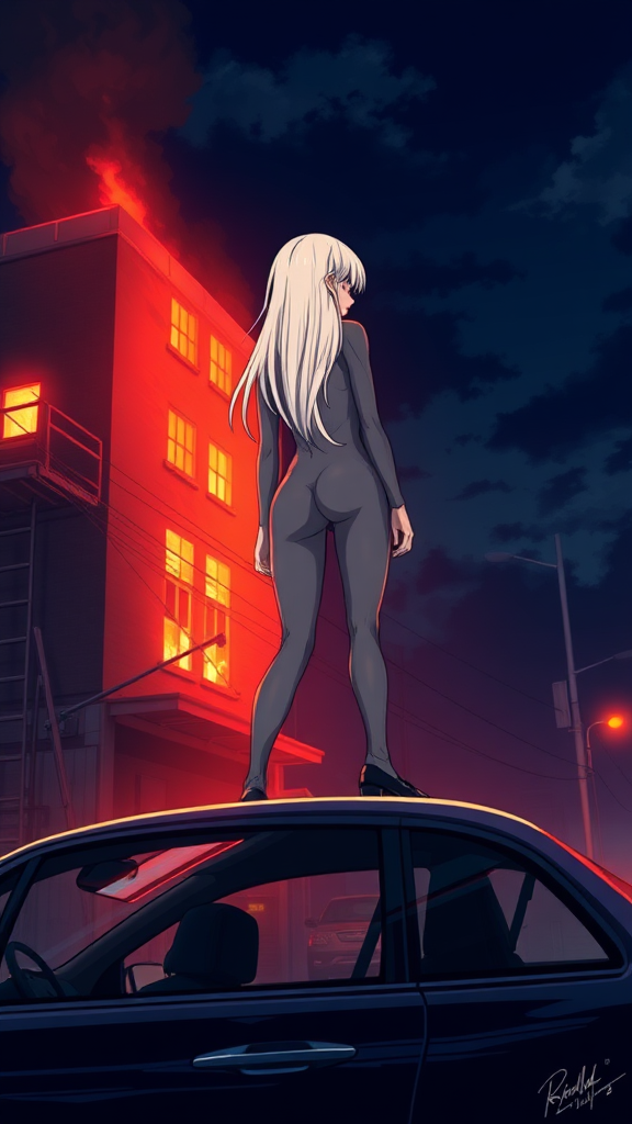 A anime drawing: A close up-cropped view one-piece tight-grey suit baddie-white long blond standing on top, legs split out on top of a car, looking front-facing backside, a building on fire at night