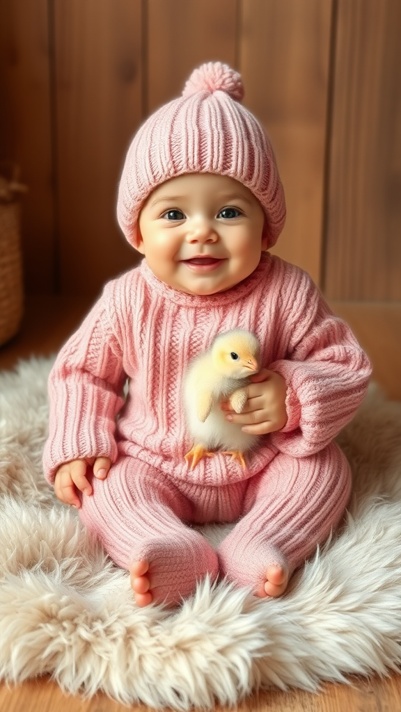 A cozy scene featuring a cute baby sitting on a soft, fluffy fur rug. The baby is dressed in a matching knitted sweater, pants, and hat, all in warm, pink color. The baby is smiling and holding a small chick. The background has a wooden, rustic feel, with soft, natural lighting creating a warm, inviting atmosphere. The overall vibe is peaceful, charming, and heartwarming, with the focus on the baby’s adorable expression and the gentle interaction with the bunny.